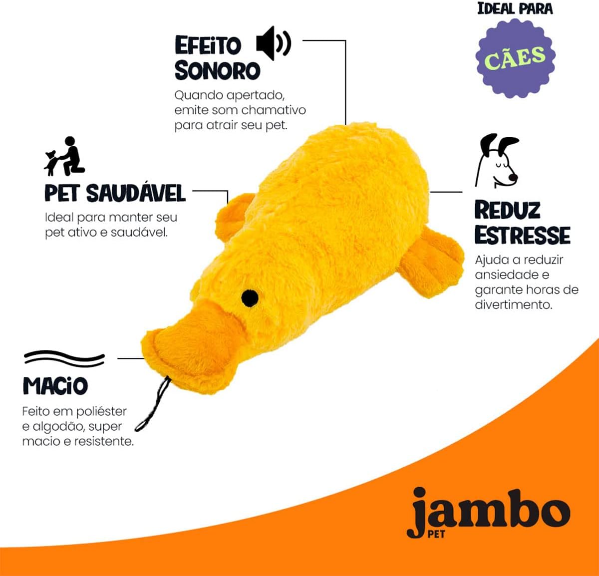 Jambo Pet, Mordedor de Pelúcia Para Cães, Pato Big Duck, Formato Fofo e Divertido, Alivia o Estresse e Ansiedade, Amarelo - Imagem 4