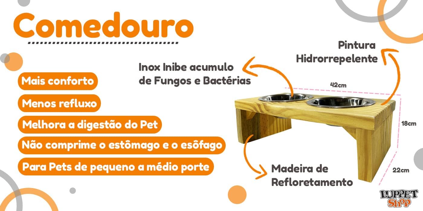 Luppet Comedouro para Cães e gatos Toronto Elevado e com potes de Inox M, 45x22x18cm - Imagem 2