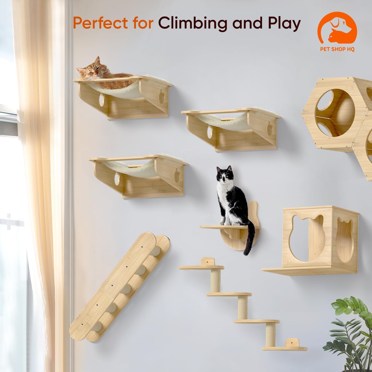 Pet Shop HQ Conjunto de móveis de parede para gatos – Prateleiras, escadas, casa para gatos, rede e mais – economia de espaço, fácil instalação, até 27 kg - Imagem 6