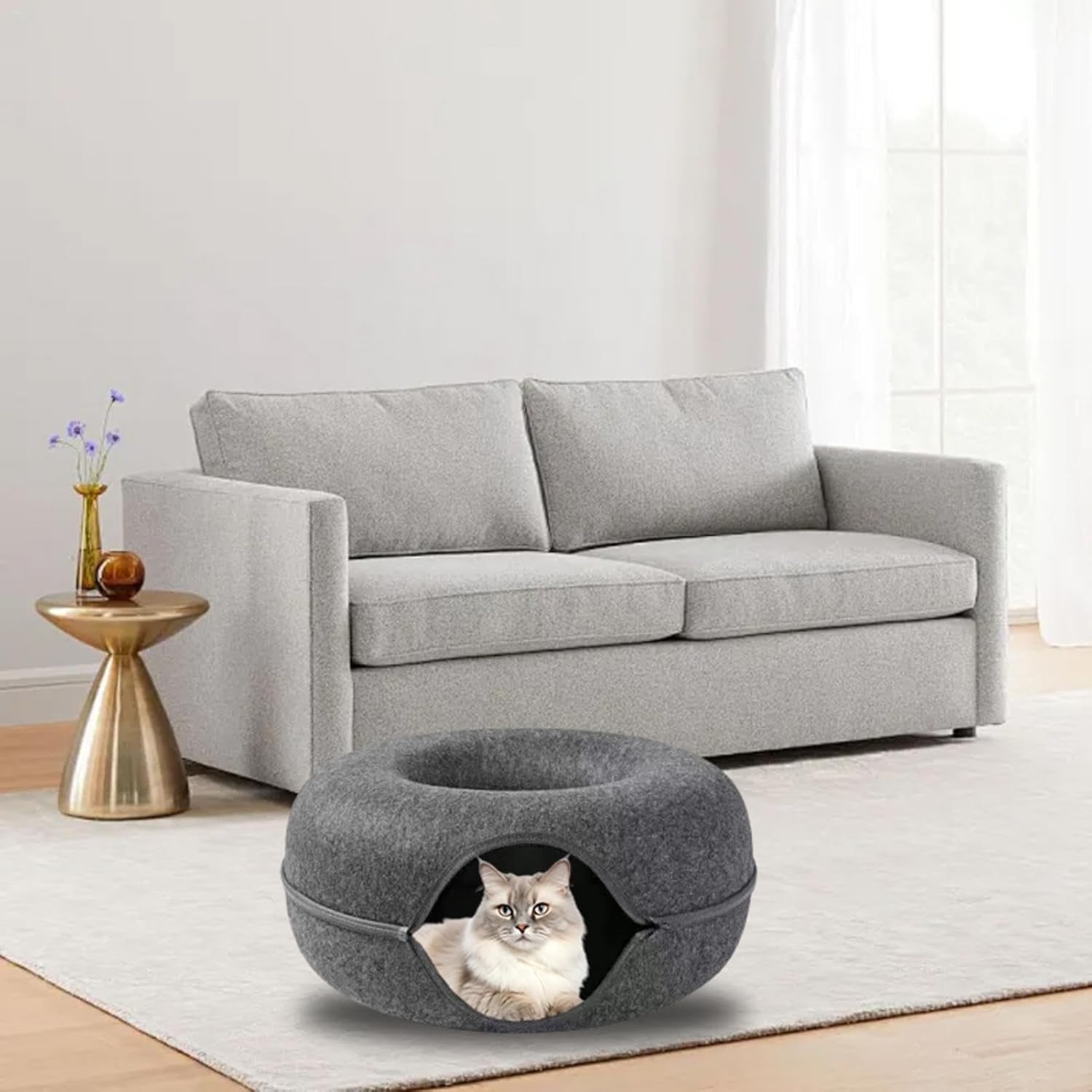 Cama de donut para gatos, Breatahble, túneis removíveis, feltro, redonda, para gatos, cavernas, túnel de gato, brinquedo para casa, pet shop - Imagem 3