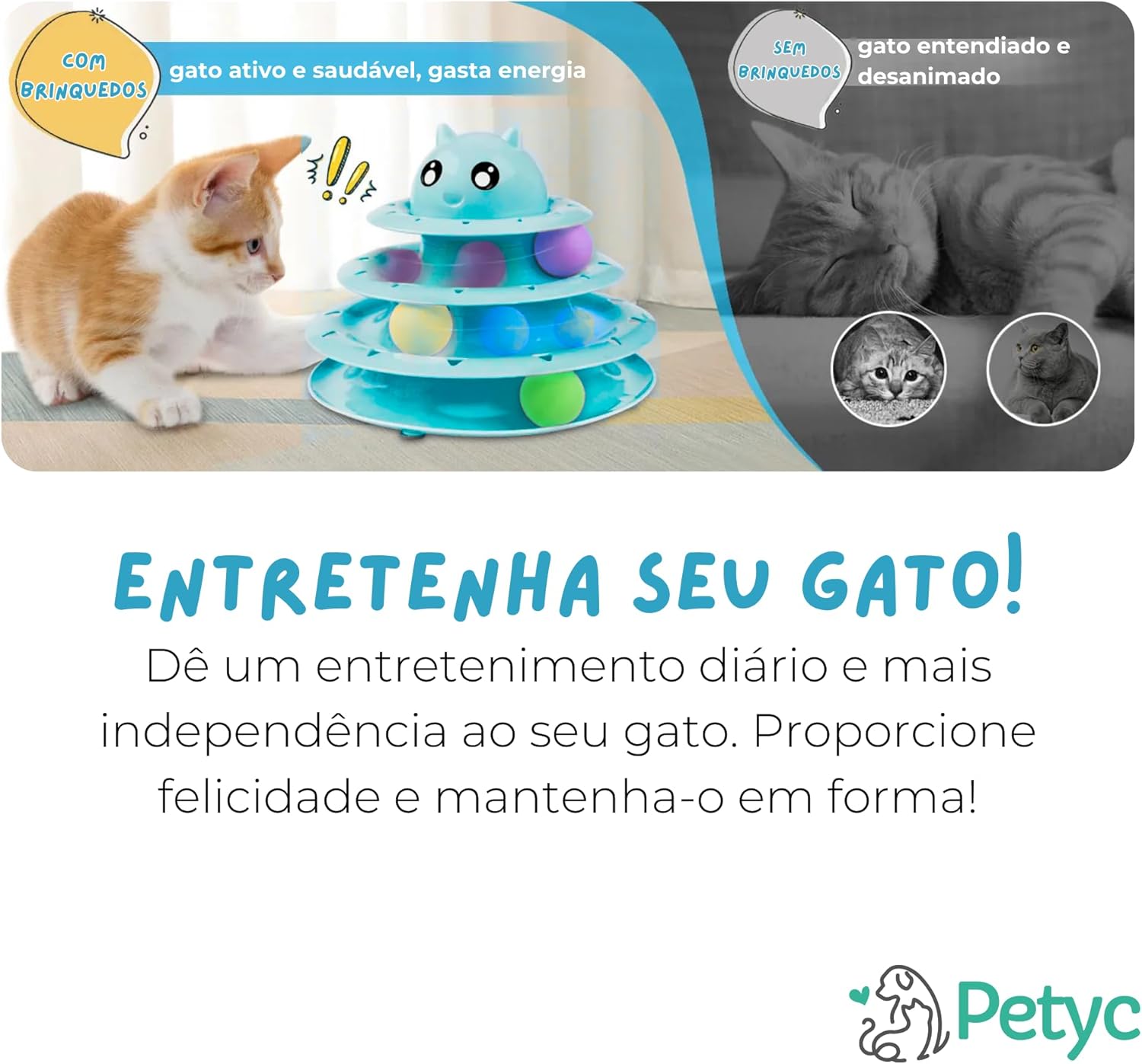 Brinquedo Interativo Para Gatos com Bolinha Sino e 3 Níveis PETYC Entretenimento e Exercício para seu Gatinho Produto Petshop (Azul) - Imagem 4
