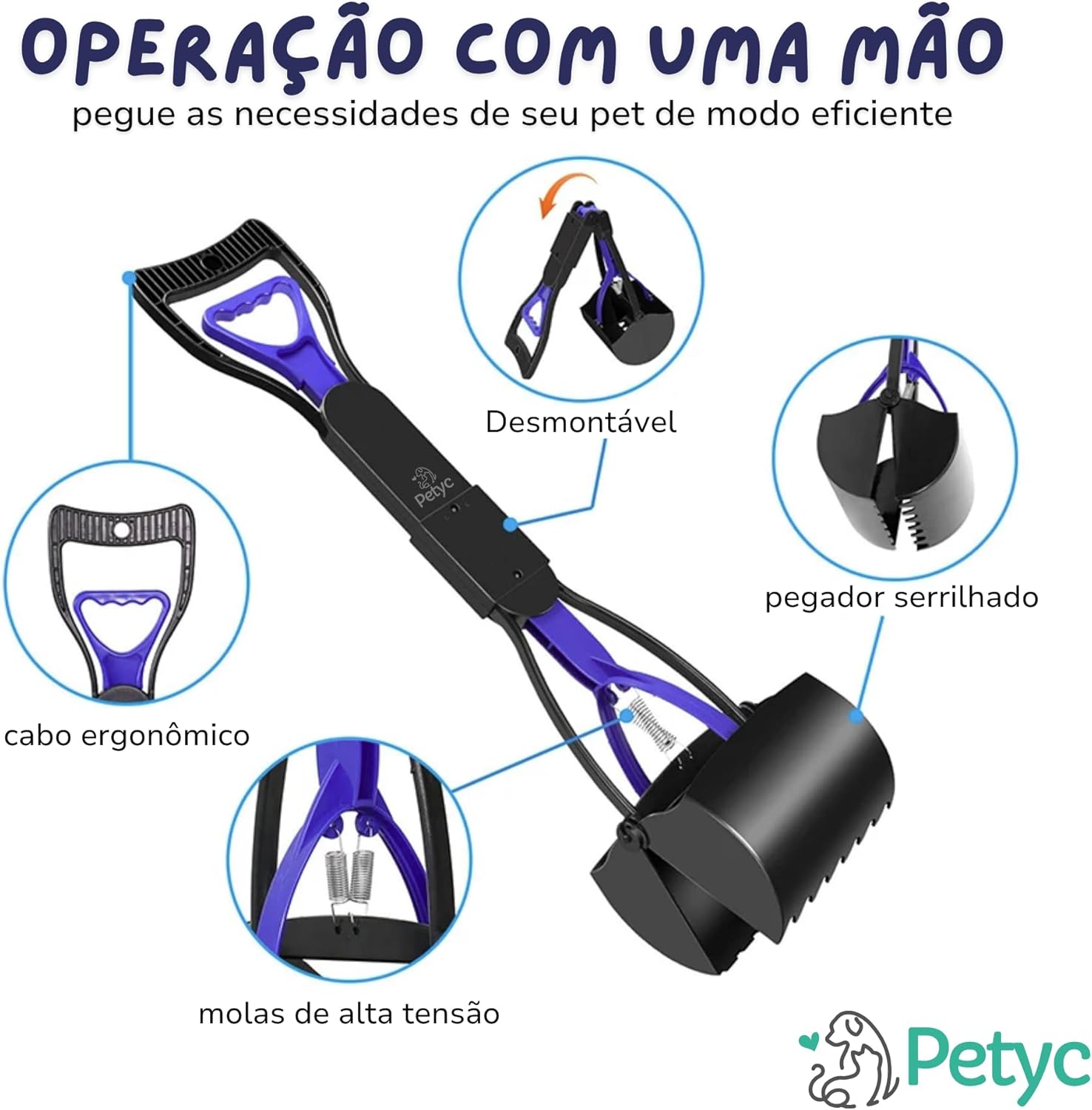 Pá Coletora Cata Caca Higiênico PETYC Prático e Robusto Passeio Petshop (Azul e Preto) - Imagem 3