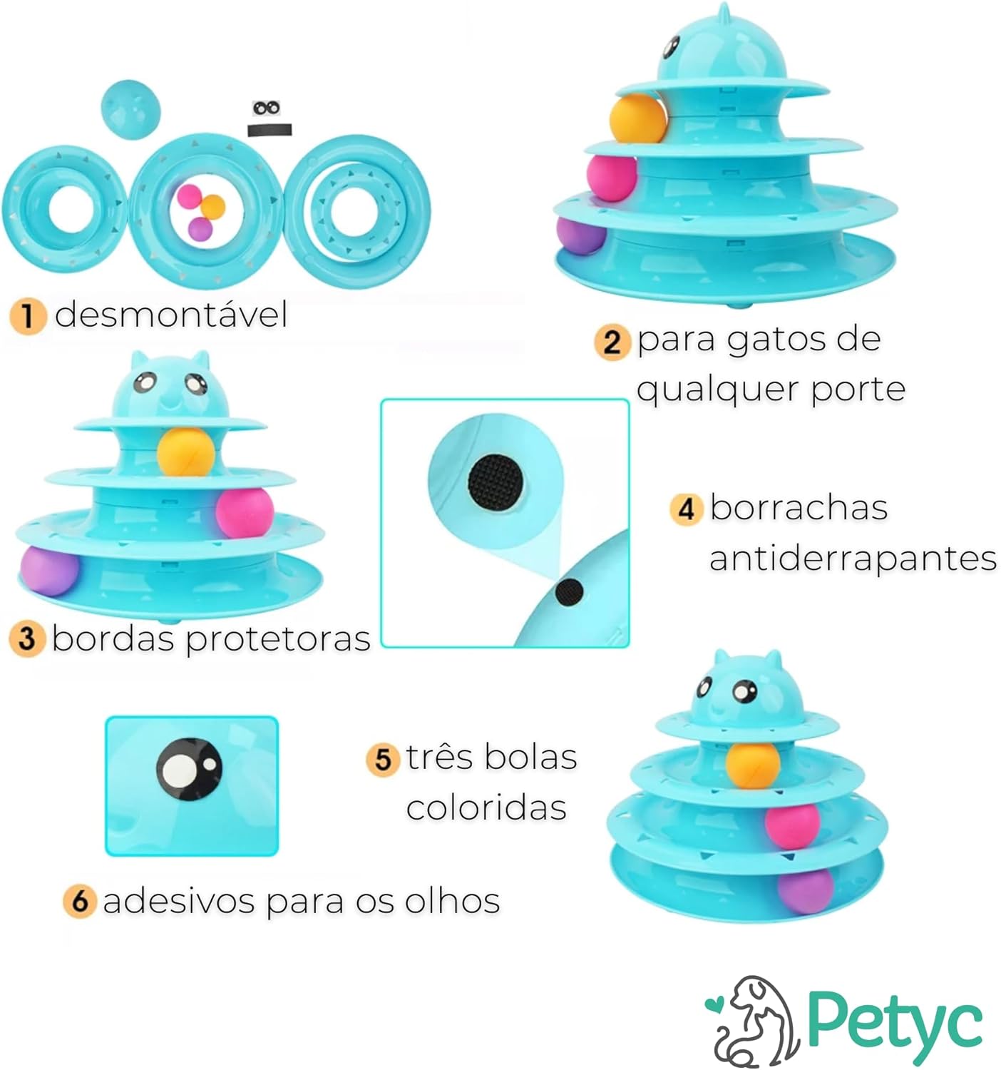 Brinquedo Interativo Para Gatos com Bolinha Sino e 3 Níveis PETYC Entretenimento e Exercício para seu Gatinho Produto Petshop (Azul) - Imagem 5