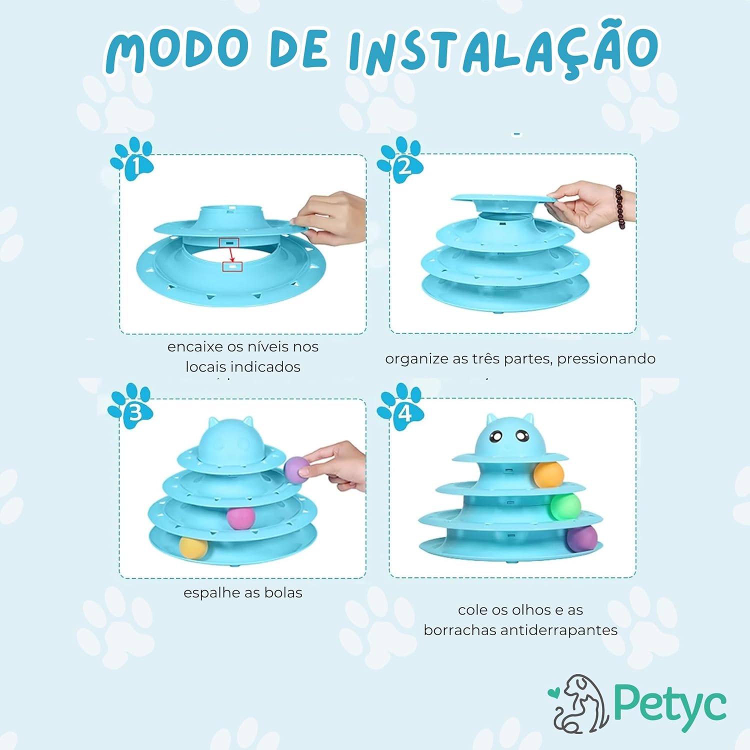 Brinquedo Interativo Para Gatos com Bolinha Sino e 3 Níveis PETYC Entretenimento e Exercício para seu Gatinho Produto Petshop (Azul) - Imagem 6