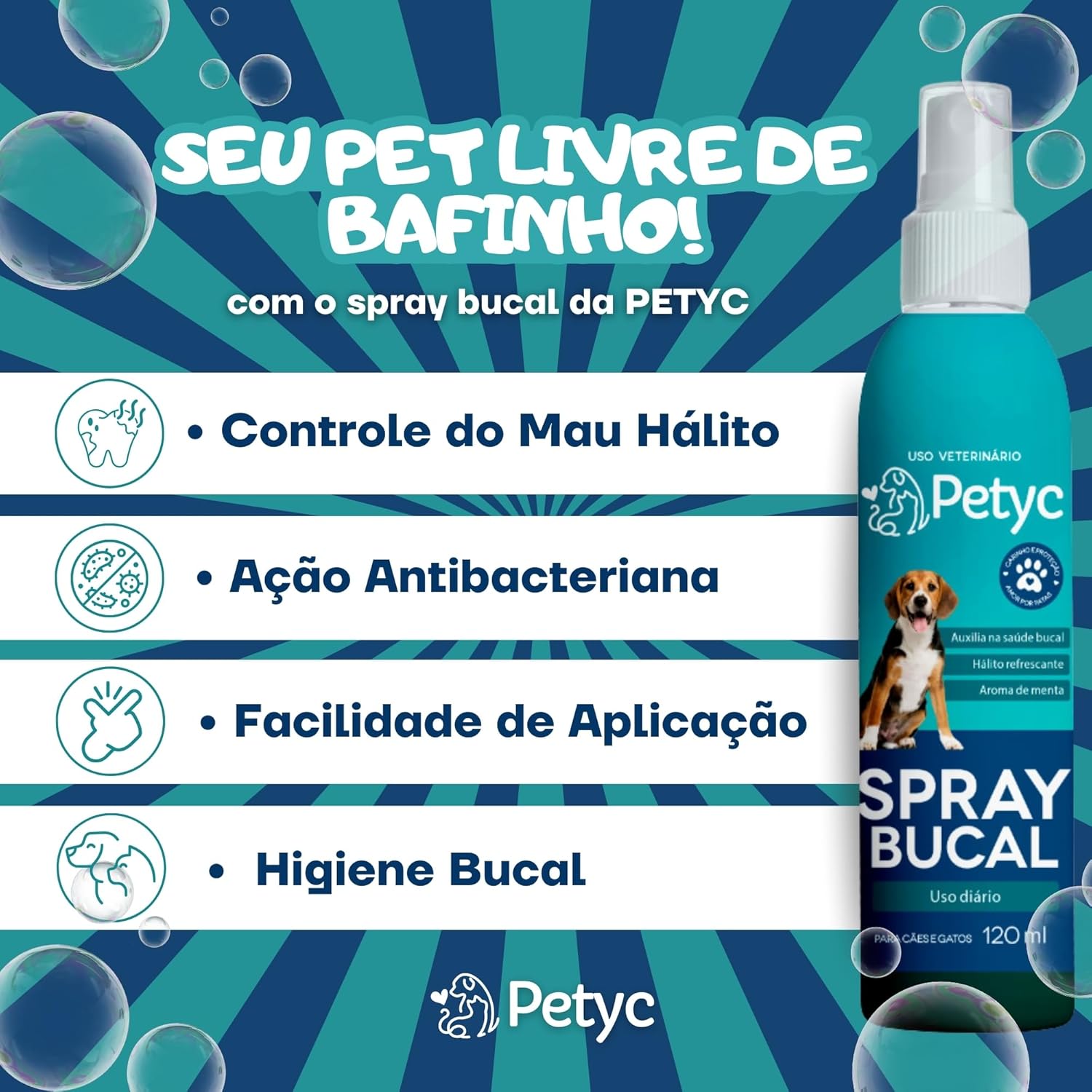Higienizador Bucal 120mL PETYC Linha Premium Anti Tartaro Acaba Com Bafinho Solução Spray Petshop - Imagem 3